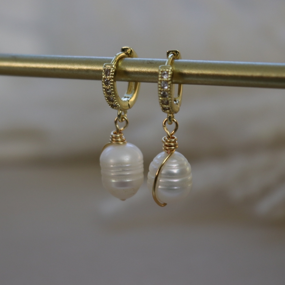 Gold Pearl Drop Huggie Earrings Water White Pearls